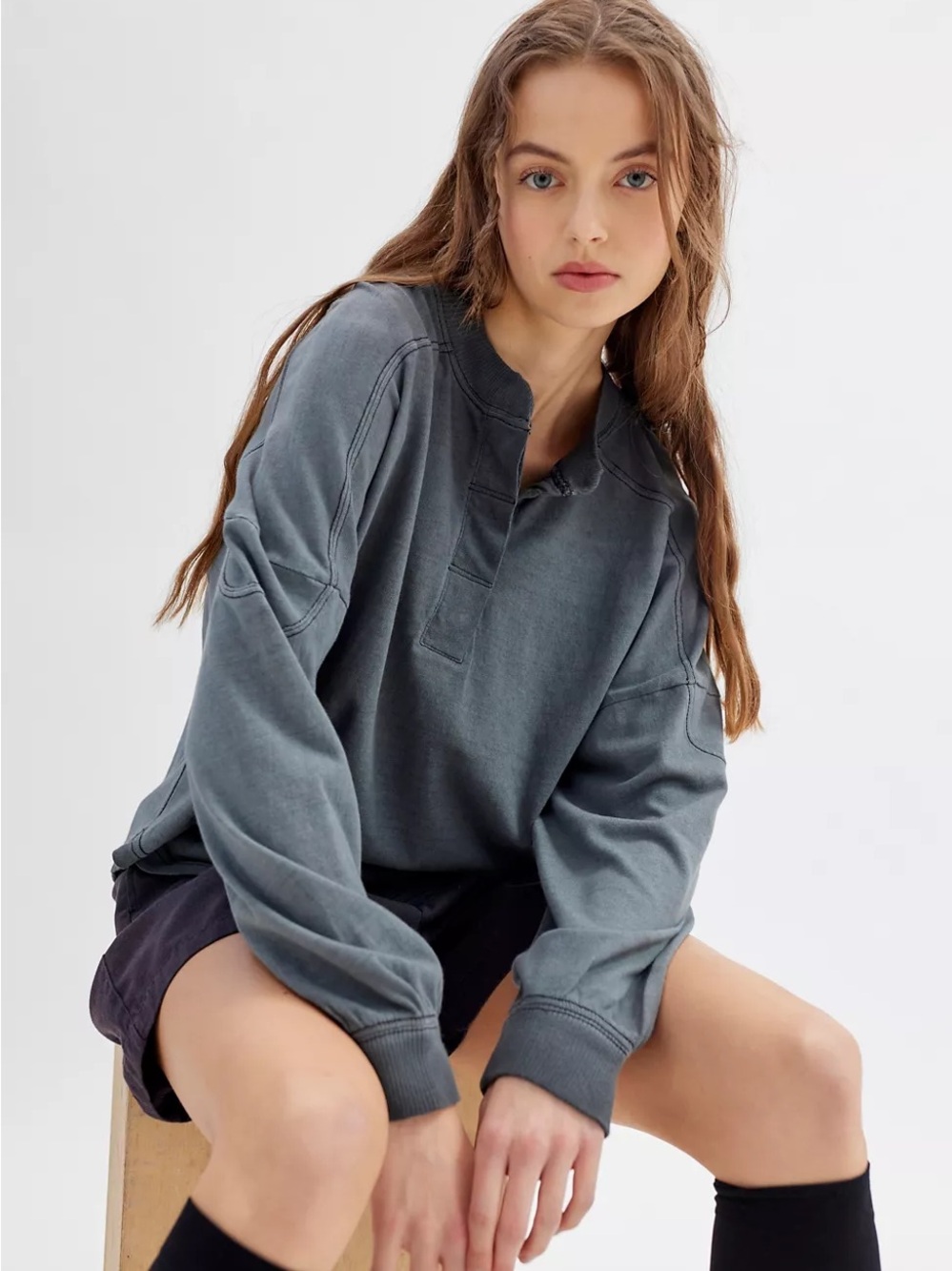 BDG Asher Oversized Quarter Button Henley Top